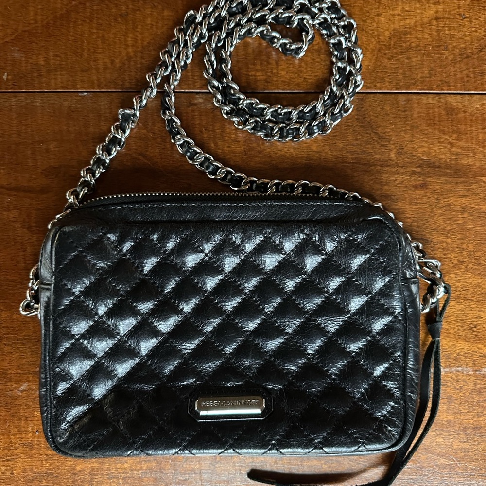 Rebecca Minkoff Black Quilted Leather Crossbody Bag Silver Chain Strap